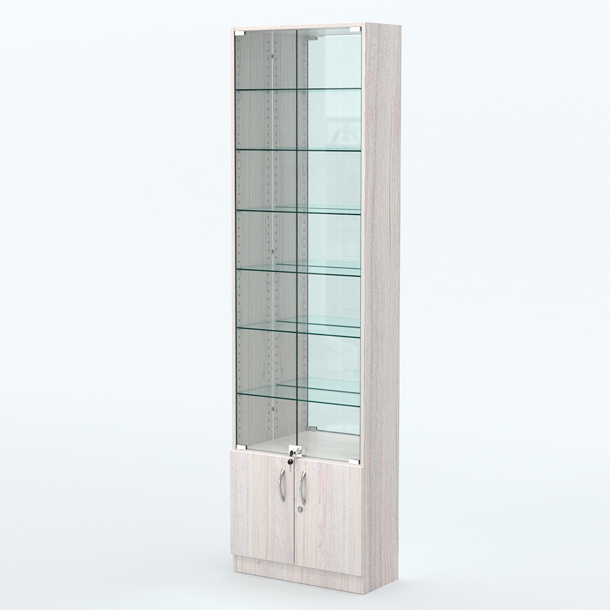 Торговая витрина с 6-ю стеклянными полками 250x600 мм серии NEXT-6 №4-2 (З/C - ЗЕРКАЛО) Ясень Анкор светлый