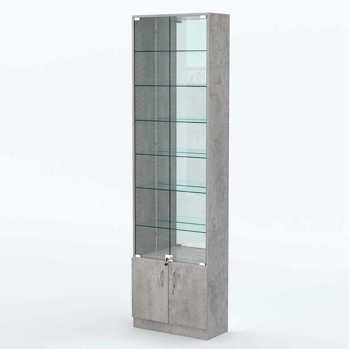Торговая витрина с 6-ю стеклянными полками 250x600 мм серии NEXT-6 №4-2 (З/C - ЗЕРКАЛО) Бетон Чикаго светло-серый F186 ST9