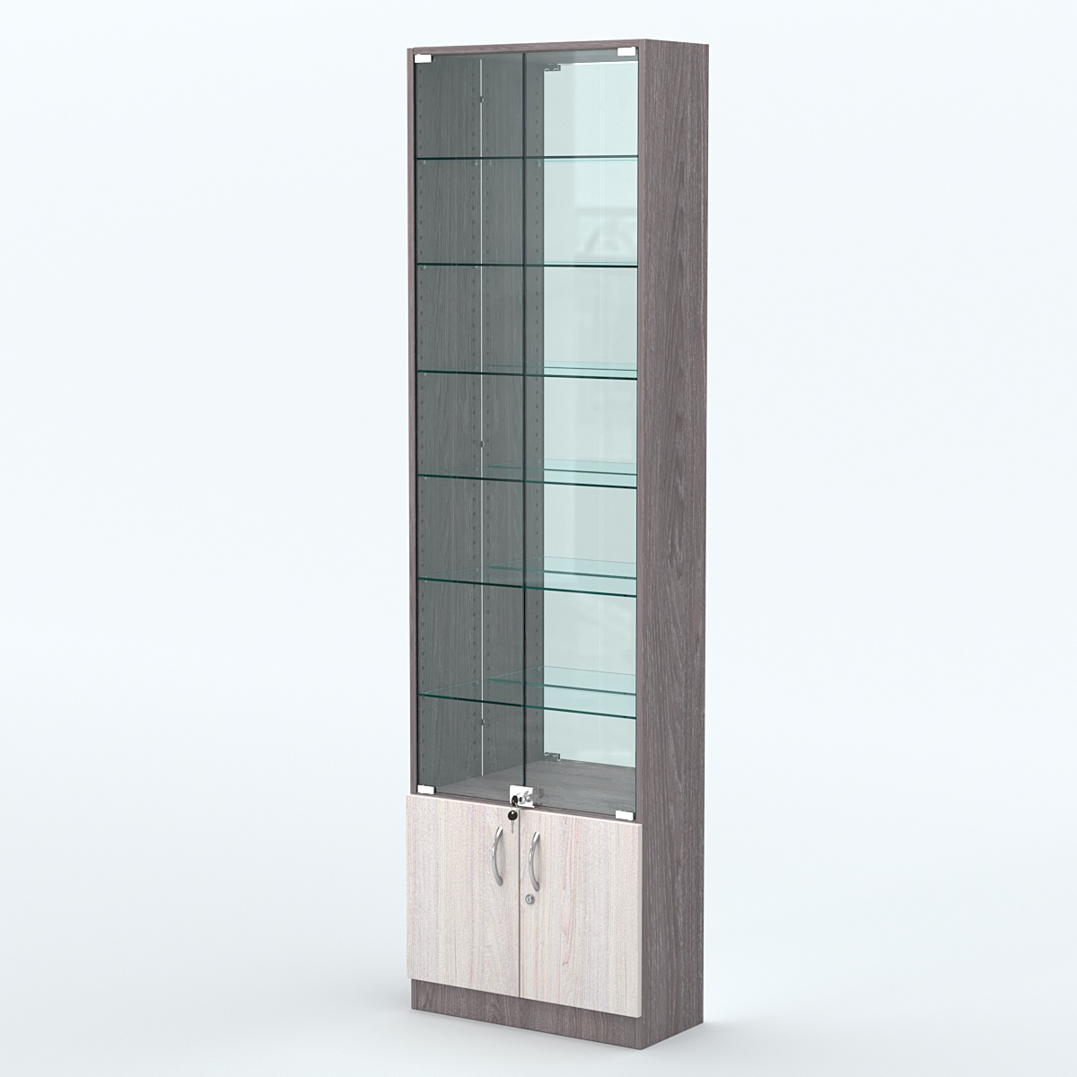 Торговая витрина с 6-ю стеклянными полками 250x600 мм серии NEXT-6 №4-2 (З/C - ЗЕРКАЛО) Ясень Анкор темный + Ясень Анкор светлый