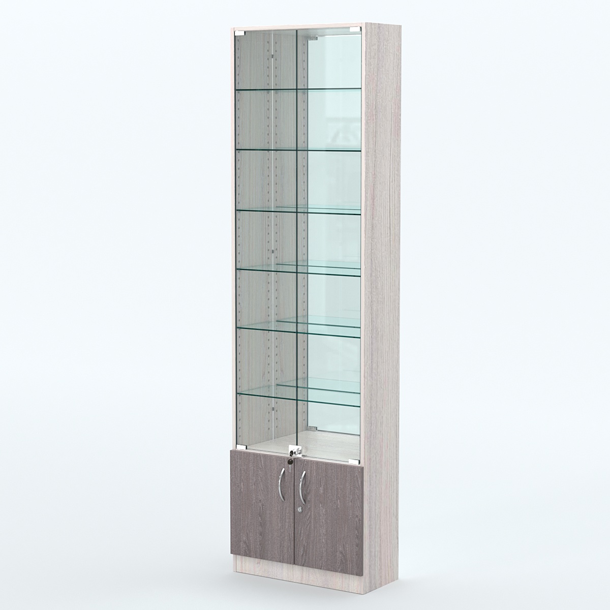 Торговая витрина с 6-ю стеклянными полками 250x600 мм серии NEXT-6 №4-2 (З/C - ЗЕРКАЛО) Ясень Анкор светлый + Ясень Анкор темный