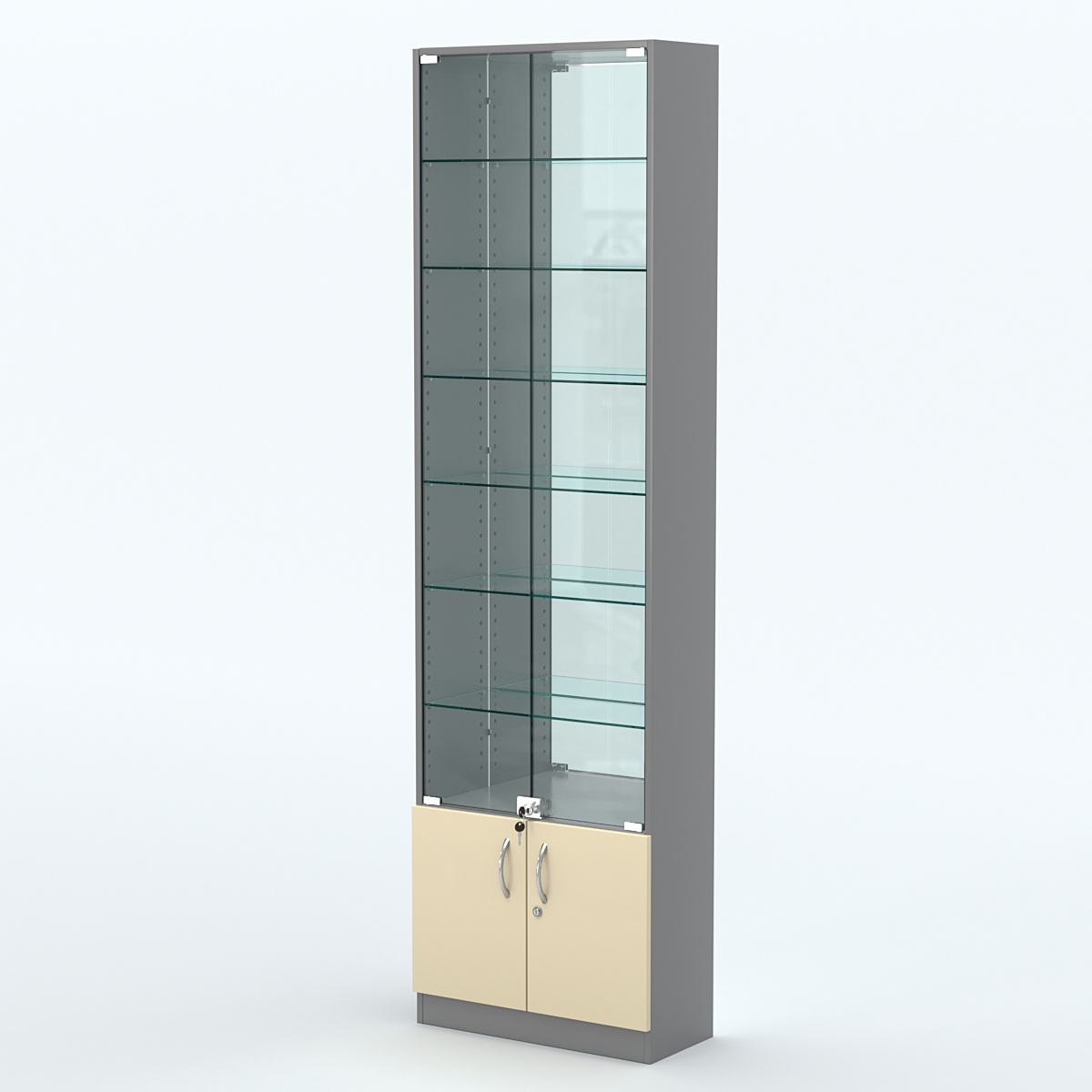 Торговая витрина с 6-ю стеклянными полками 250x600 мм серии NEXT-6 №4-2 (З/C - ЗЕРКАЛО) Темно-серый + Крем Вайс