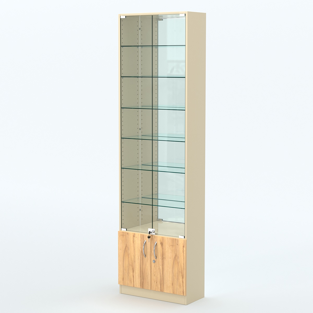 Торговая витрина с 6-ю стеклянными полками 250x600 мм серии NEXT-6 №4-2 (З/C - ЗЕРКАЛО) Крем Вайс и Дуб Золотистый