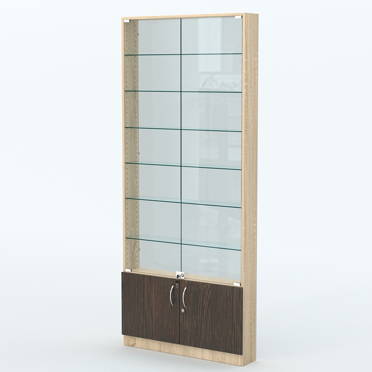 Торговая витрина с 6-ю стеклянными полками 150x900 мм серии NEXT-6 №9-1 (З/C - СТЕКЛО) Дуб Сонома + Дуб Венге