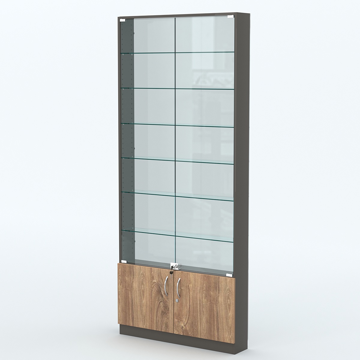 Торговая витрина с 6-ю стеклянными полками 150x900 мм серии NEXT-6 №9-1 (З/C - СТЕКЛО) Черный + Дуб Канзас Коричневый