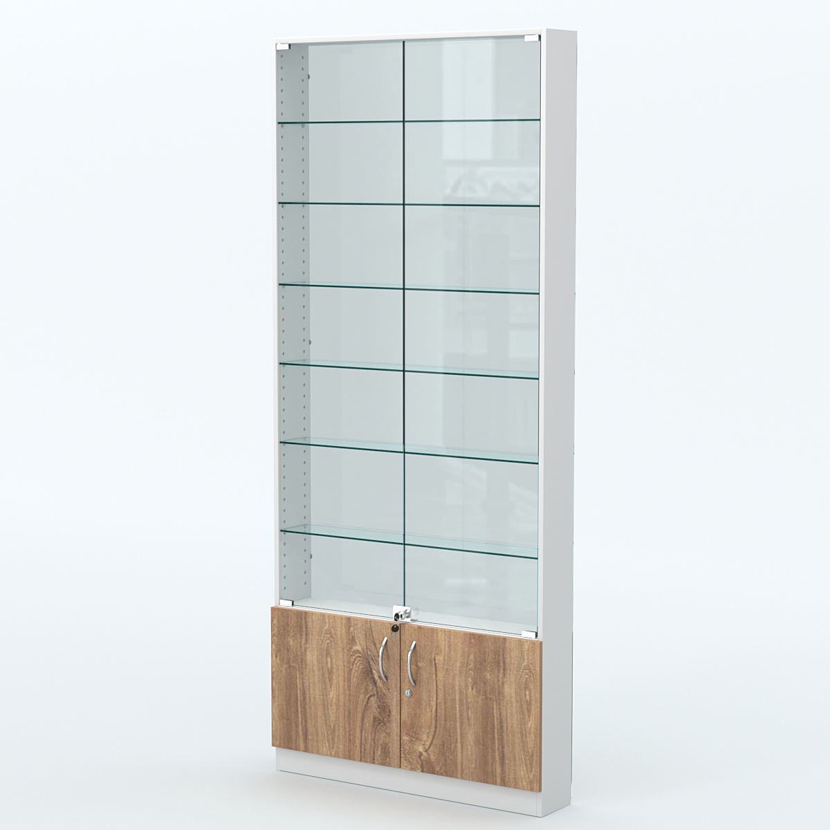 Торговая витрина с 6-ю стеклянными полками 150x900 мм серии NEXT-6 №9-1 (З/C - СТЕКЛО) Белый + Дуб канзас коричневый