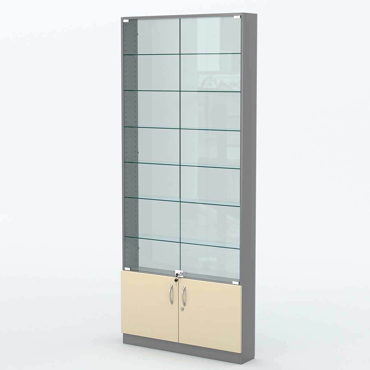 Торговая витрина с 6-ю стеклянными полками 150x900 мм серии NEXT-6 №9-1 (З/C - СТЕКЛО) Темно-серый + Крем Вайс