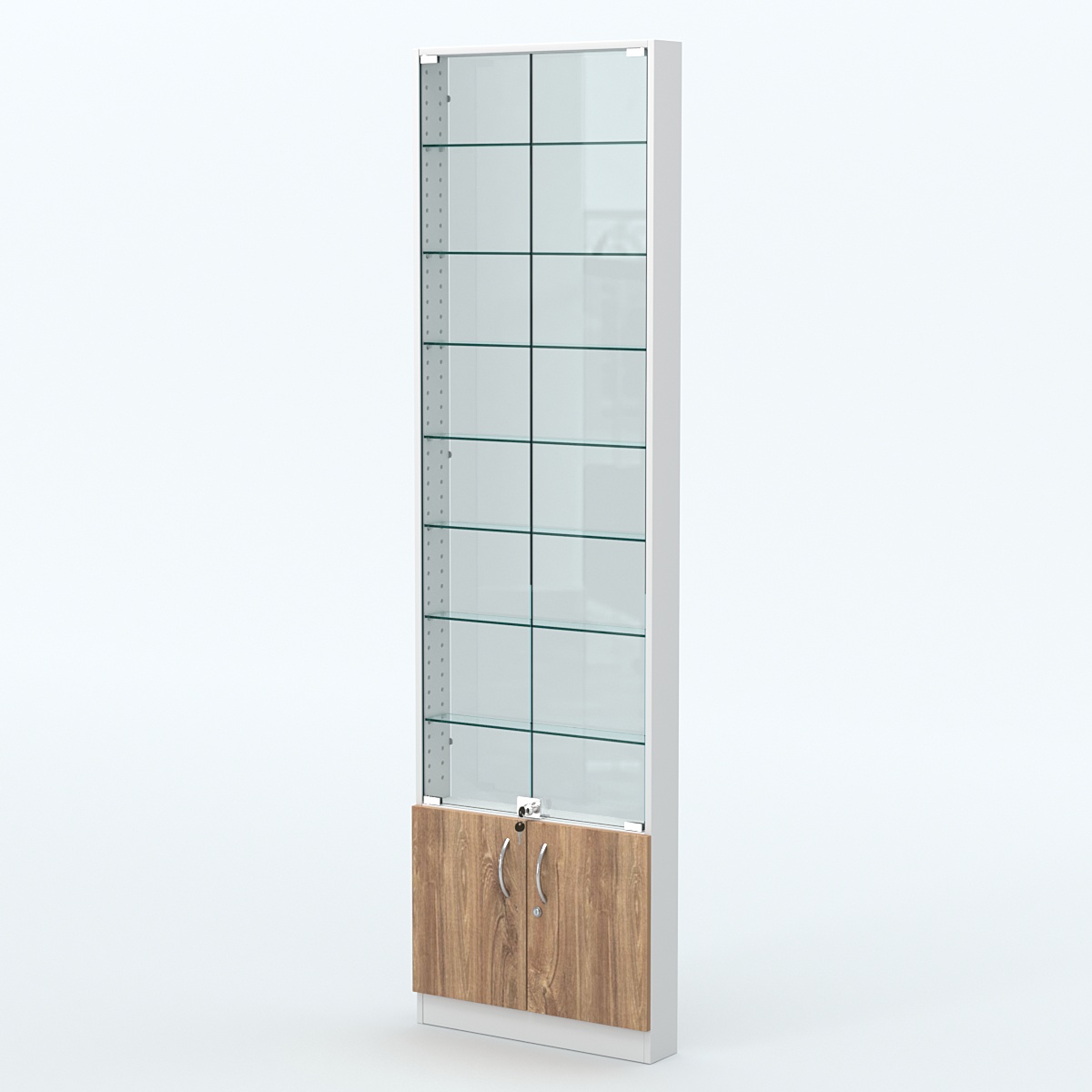 Торговая витрина с 7-ю стеклянными полками 100x600 мм серии NEXT-7 №1-1 (З/C - СТЕКЛО) Белый + Дуб канзас коричневый