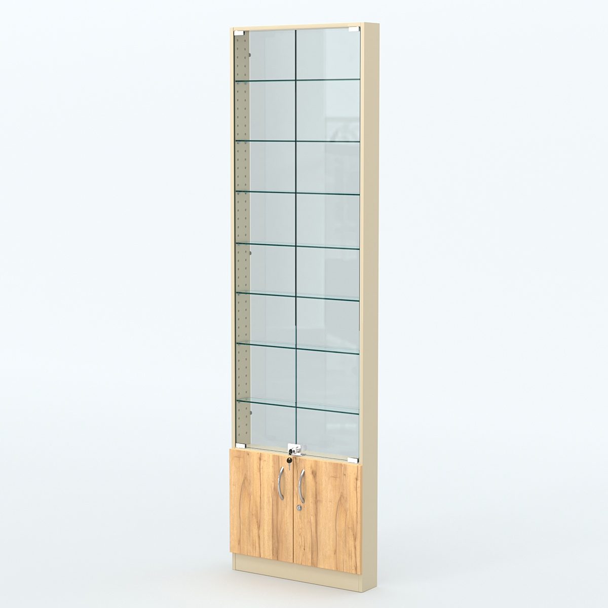 Торговая витрина с 7-ю стеклянными полками 100x600 мм серии NEXT-7 №1-1 (З/C - СТЕКЛО) Крем Вайс и Дуб Золотистый
