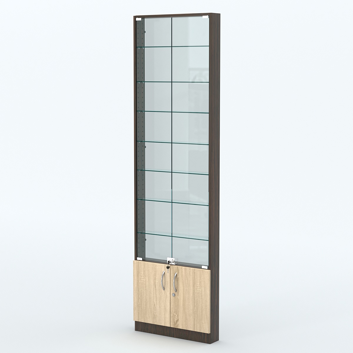 Торговая витрина с 7-ю стеклянными полками 100x600 мм серии NEXT-7 №1-1 (З/C - СТЕКЛО) Дуб Венге + Дуб Сонома