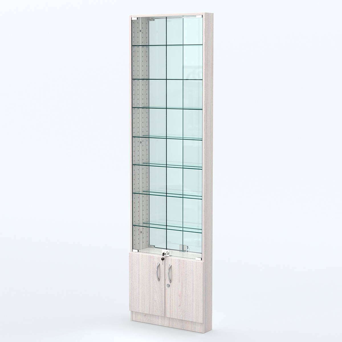 Торговая витрина с 7-ю стеклянными полками 100x600 мм серии NEXT-7 №1-2 (З/C - ЗЕРКАЛО) Ясень Анкор светлый
