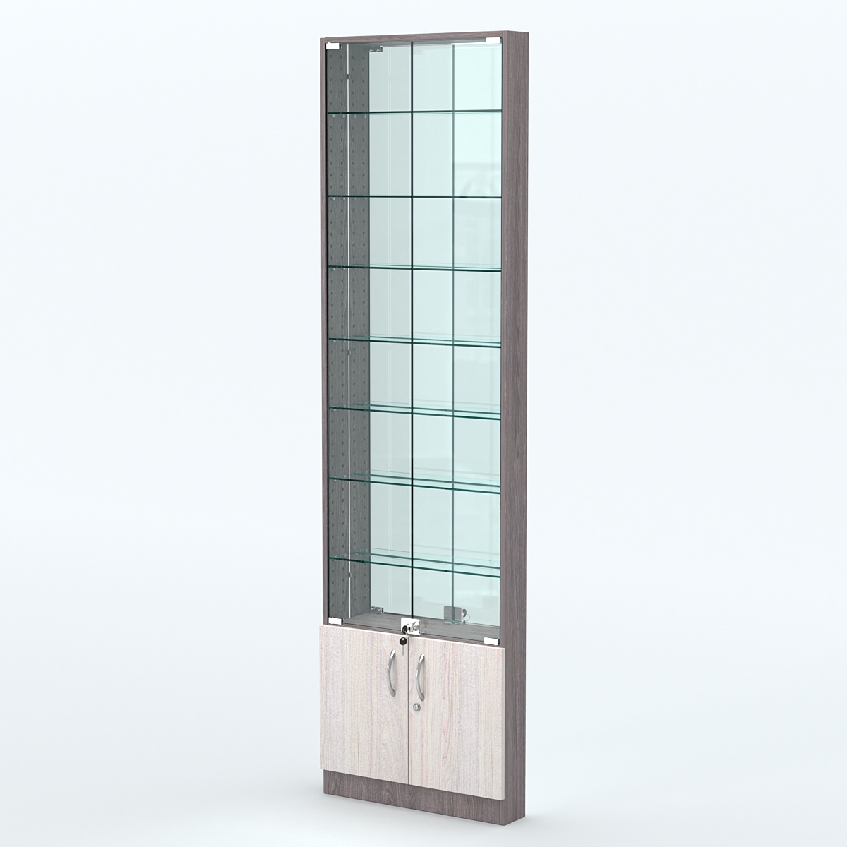 Торговая витрина с 7-ю стеклянными полками 100x600 мм серии NEXT-7 №1-2 (З/C - ЗЕРКАЛО) Ясень Анкор темный + Ясень Анкор светлый