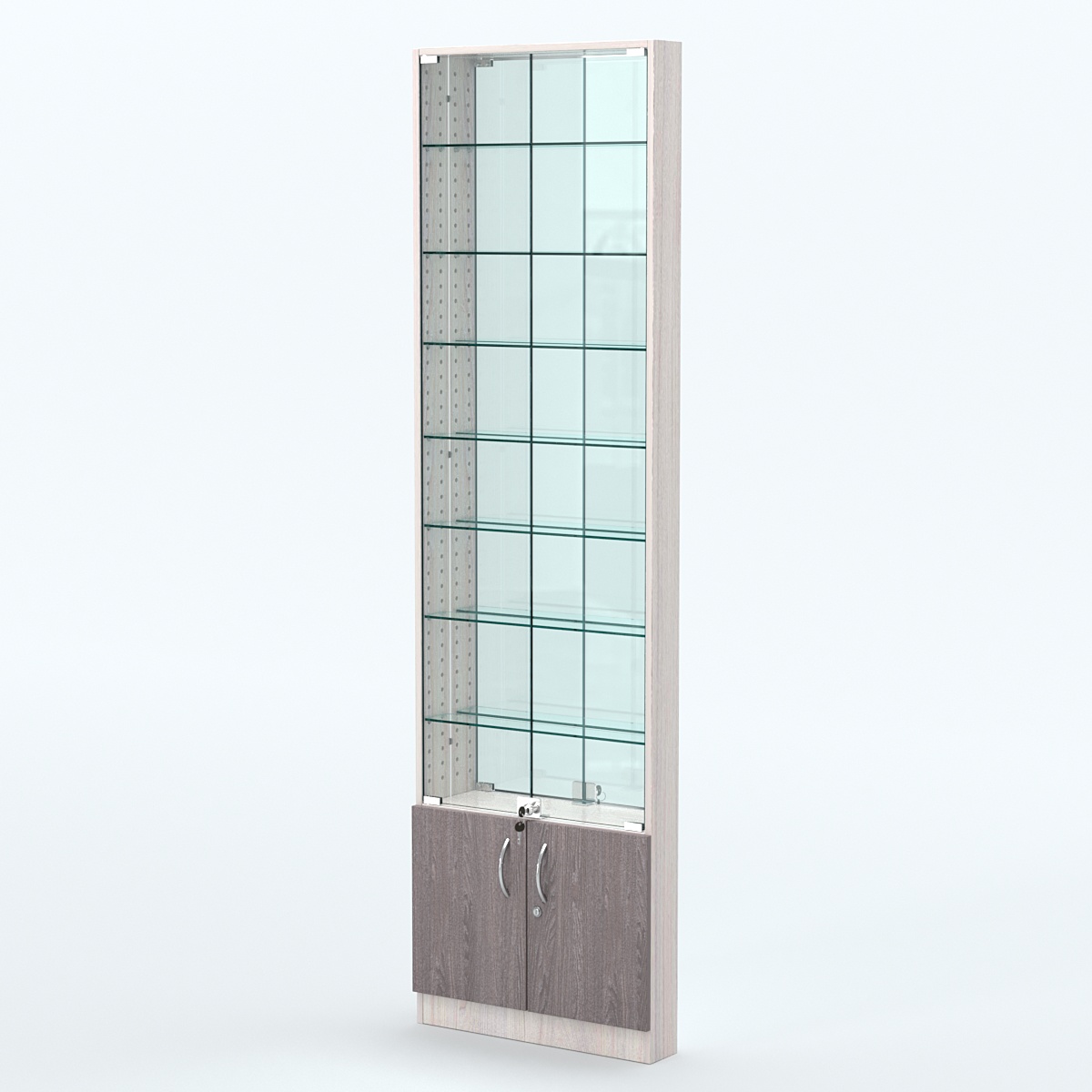 Торговая витрина с 7-ю стеклянными полками 100x600 мм серии NEXT-7 №1-2 (З/C - ЗЕРКАЛО) Ясень Анкор светлый + Ясень Анкор темный