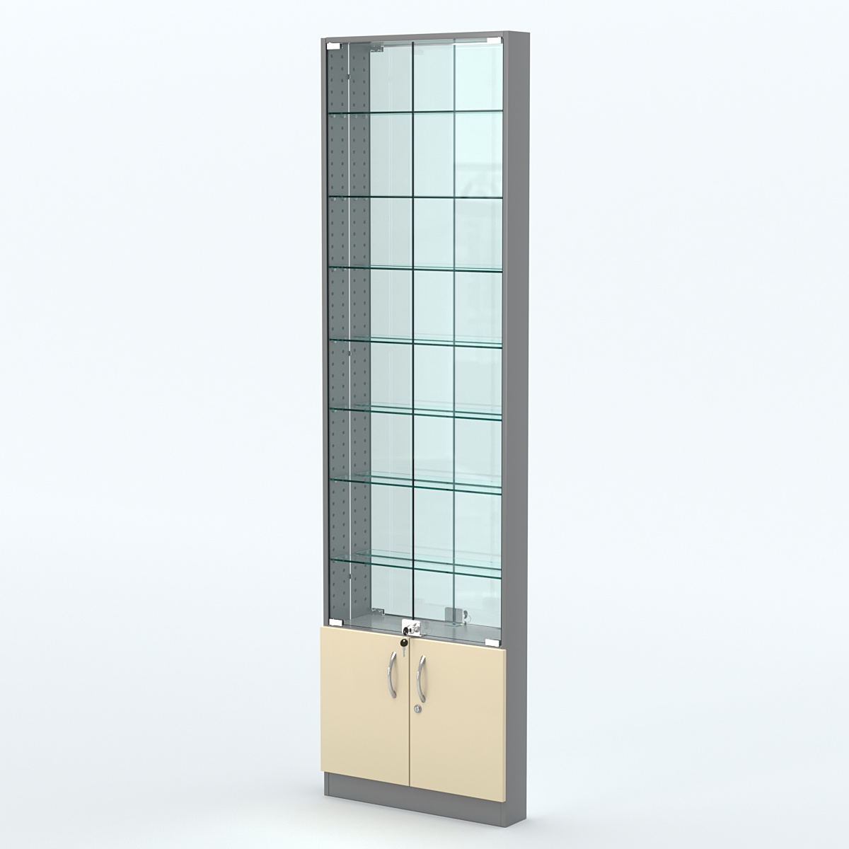 Торговая витрина с 7-ю стеклянными полками 100x600 мм серии NEXT-7 №1-2 (З/C - ЗЕРКАЛО) Темно-серый + Крем Вайс