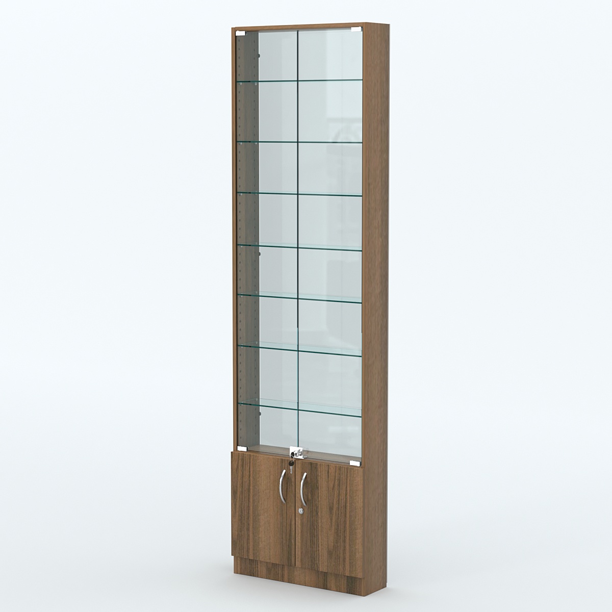 Торговая витрина с 7-ю стеклянными полками 150x600 мм серии NEXT-7 №2-1 (З/C - СТЕКЛО) Орех