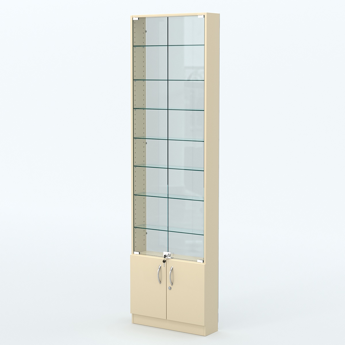 Торговая витрина с 7-ю стеклянными полками 150x600 мм серии NEXT-7 №2-1 (З/C - СТЕКЛО) Крем Вайс