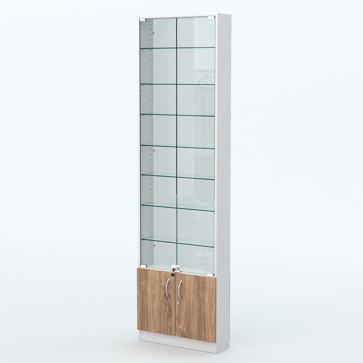 Торговая витрина с 7-ю стеклянными полками 150x600 мм серии NEXT-7 №2-1 (З/C - СТЕКЛО) Белый + Дуб канзас коричневый