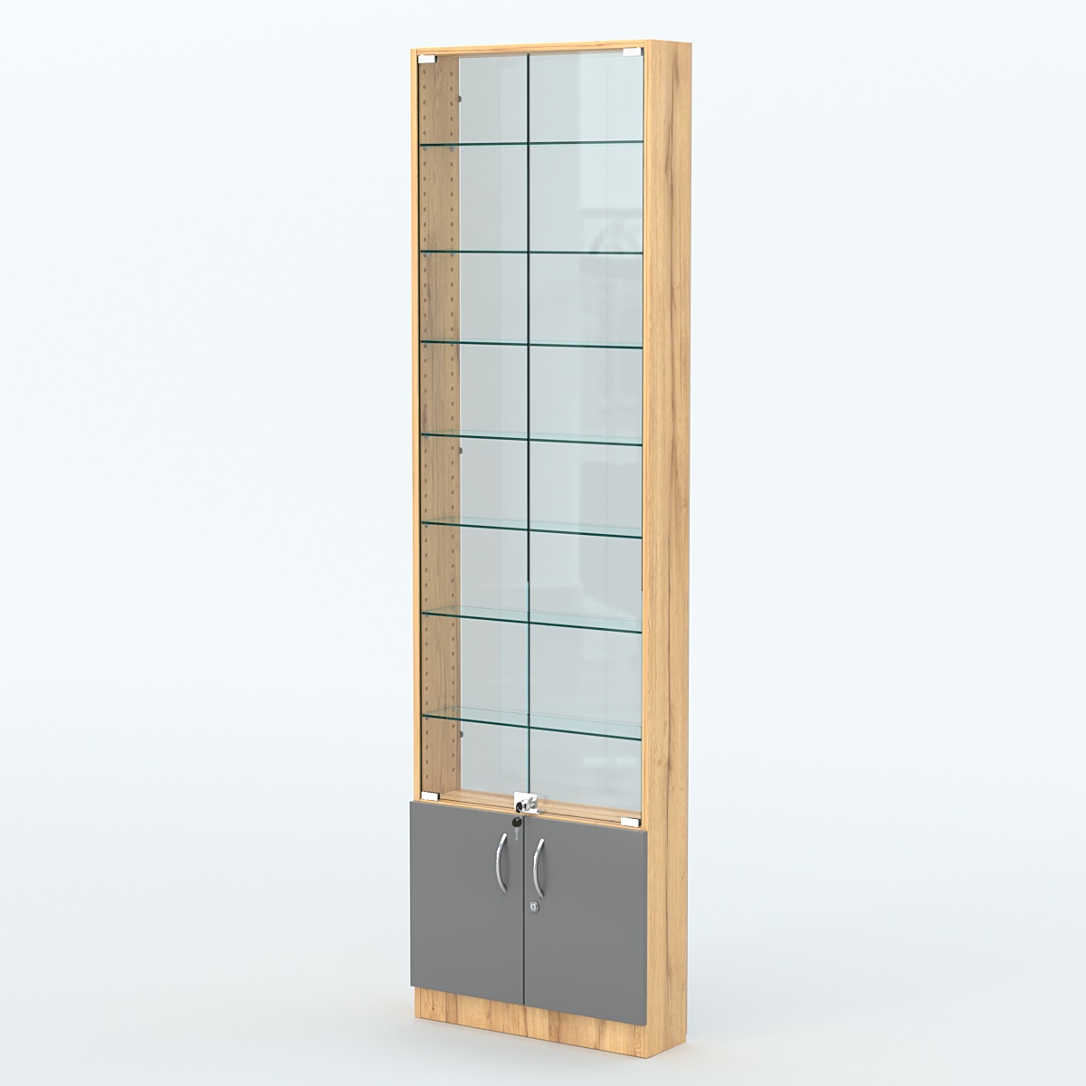 Торговая витрина с 7-ю стеклянными полками 150x600 мм серии NEXT-7 №2-1 (З/C - СТЕКЛО) Дуб Золотистый и Темно-Серый