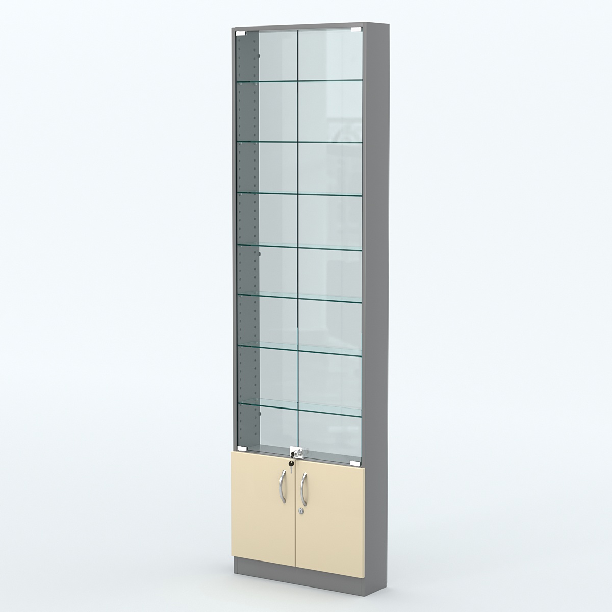 Торговая витрина с 7-ю стеклянными полками 150x600 мм серии NEXT-7 №2-1 (З/C - СТЕКЛО) Темно-серый + Крем Вайс