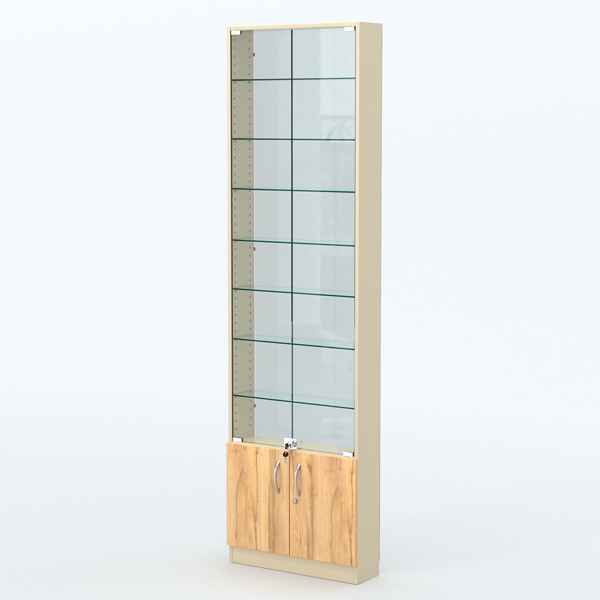 Торговая витрина с 7-ю стеклянными полками 150x600 мм серии NEXT-7 №2-1 (З/C - СТЕКЛО) Крем Вайс и Дуб Золотистый