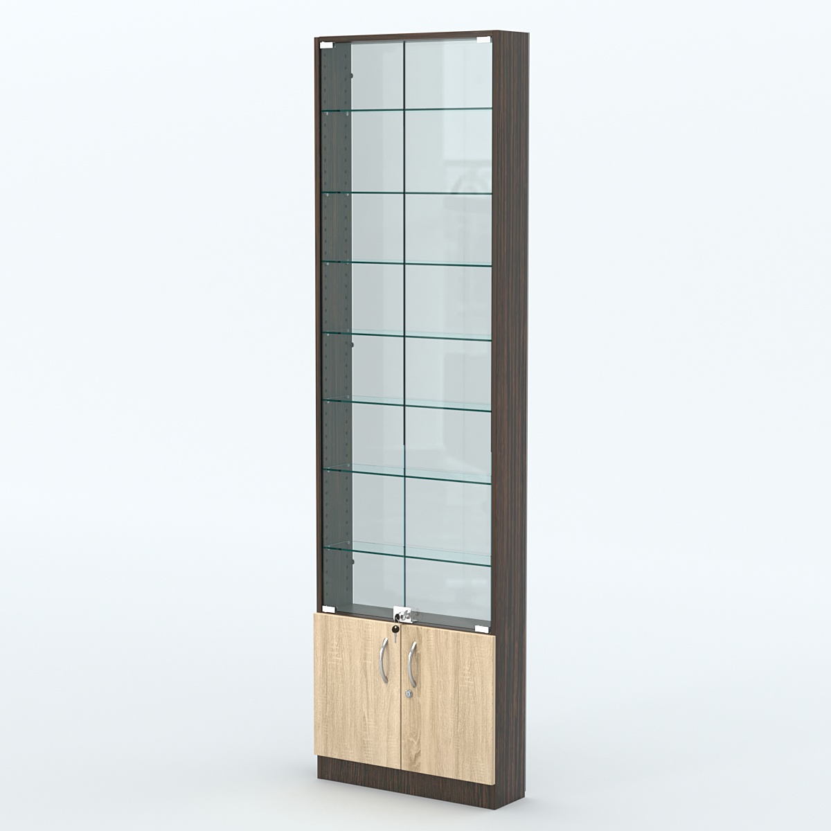 Торговая витрина с 7-ю стеклянными полками 150x600 мм серии NEXT-7 №2-1 (З/C - СТЕКЛО) Дуб Венге + Дуб Сонома