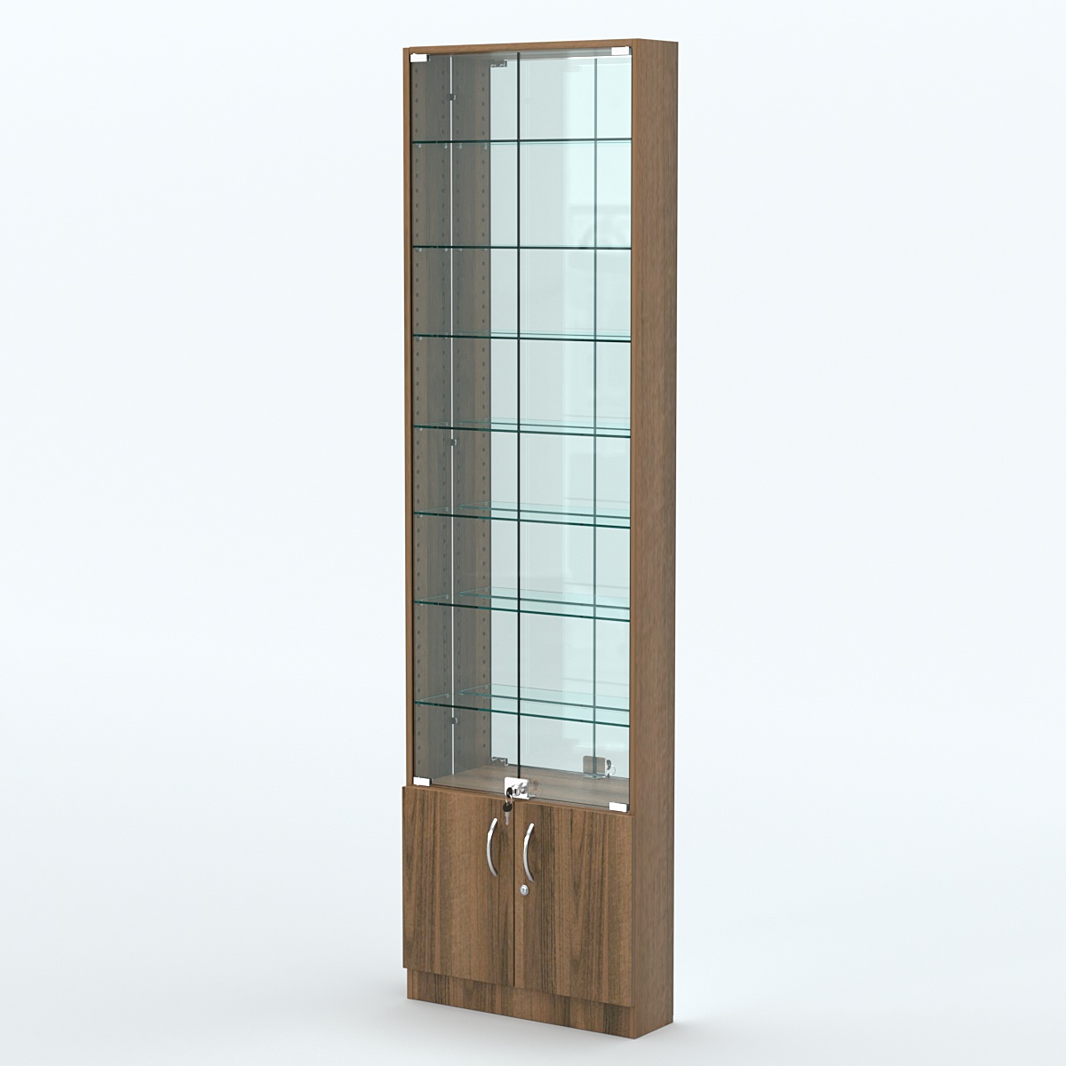 Торговая витрина с 7-ю стеклянными полками 150x600 мм серии NEXT-7 №2-2 (З/C - ЗЕРКАЛО) Орех