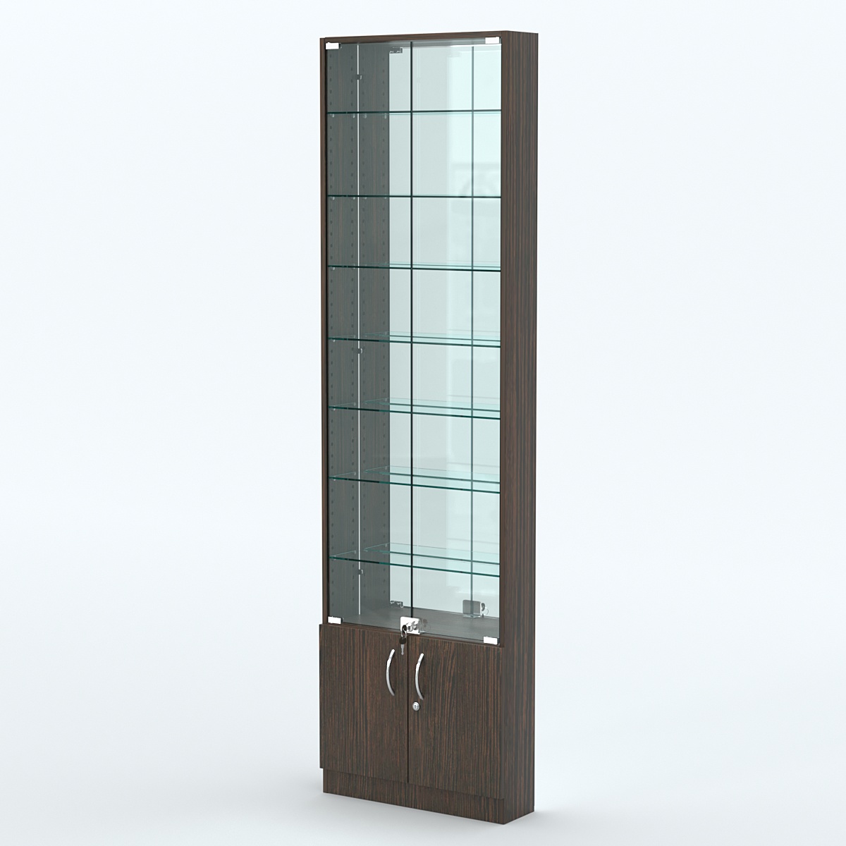 Торговая витрина с 7-ю стеклянными полками 150x600 мм серии NEXT-7 №2-2 (З/C - ЗЕРКАЛО) Дуб Венге