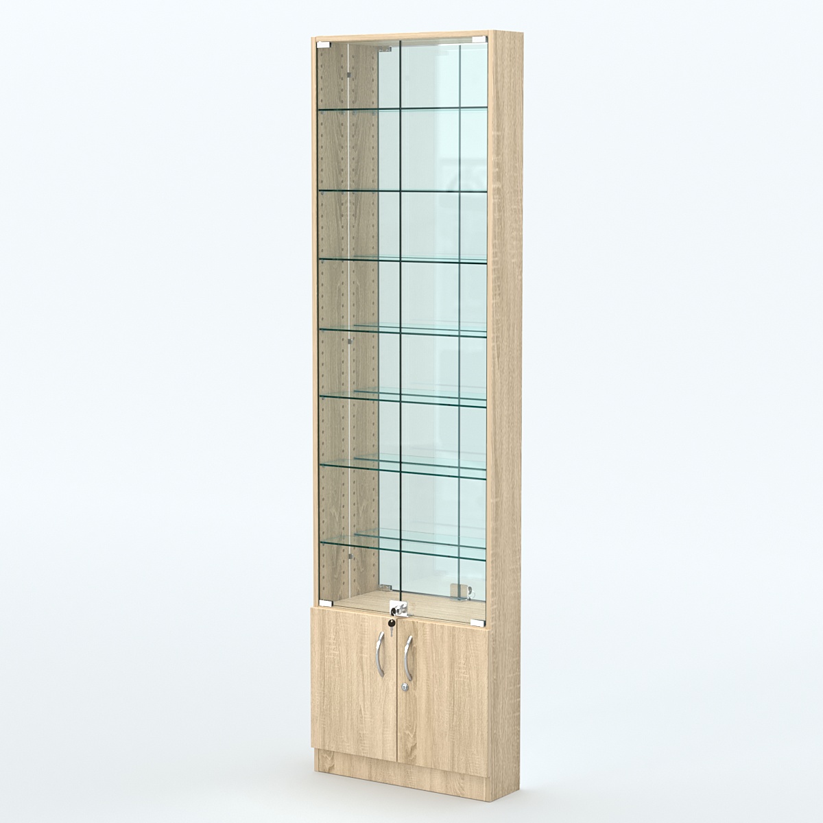 Торговая витрина с 7-ю стеклянными полками 150x600 мм серии NEXT-7 №2-2 (З/C - ЗЕРКАЛО) Дуб сонома