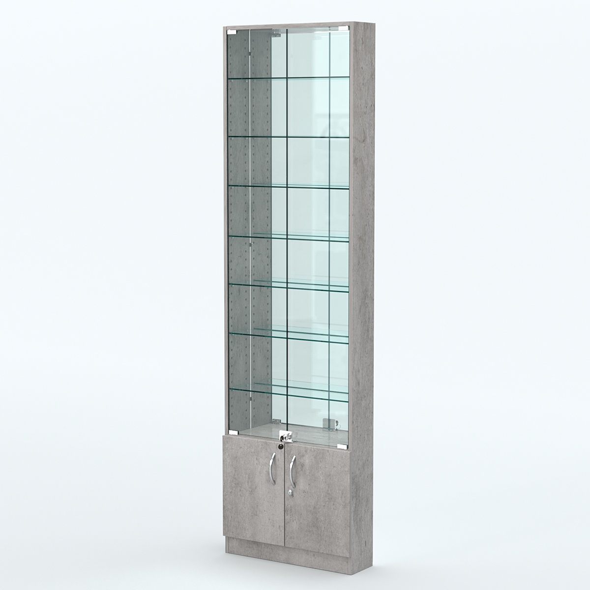 Торговая витрина с 7-ю стеклянными полками 150x600 мм серии NEXT-7 №2-2 (З/C - ЗЕРКАЛО) Бетон Чикаго светло-серый F186 ST9