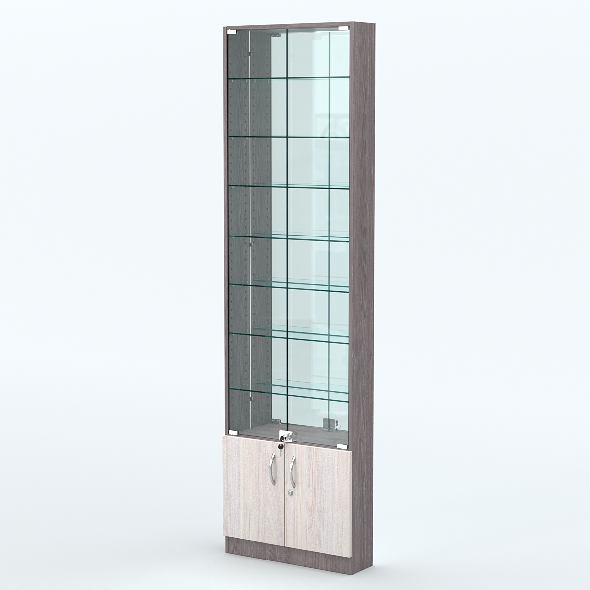 Торговая витрина с 7-ю стеклянными полками 150x600 мм серии NEXT-7 №2-2 (З/C - ЗЕРКАЛО) Ясень Анкор темный + Ясень Анкор светлый
