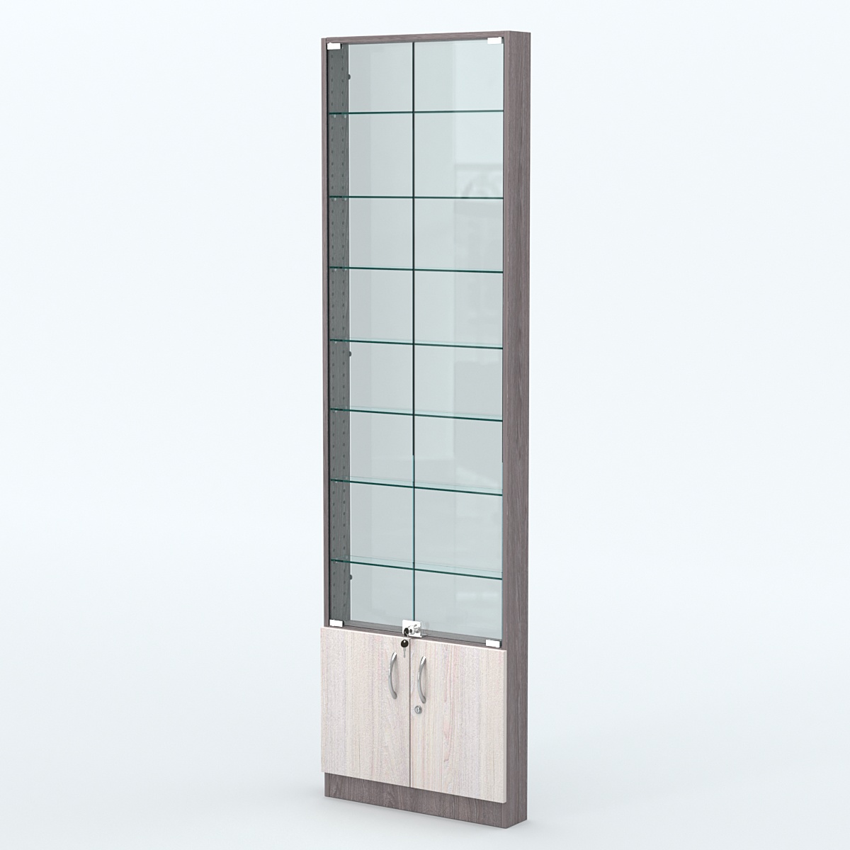 Торговая витрина с 8-ю стеклянными полками 100x600 мм серии NEXT-8 №1-1 (З/C - СТЕКЛО) Ясень Анкор темный + Ясень Анкор светлый