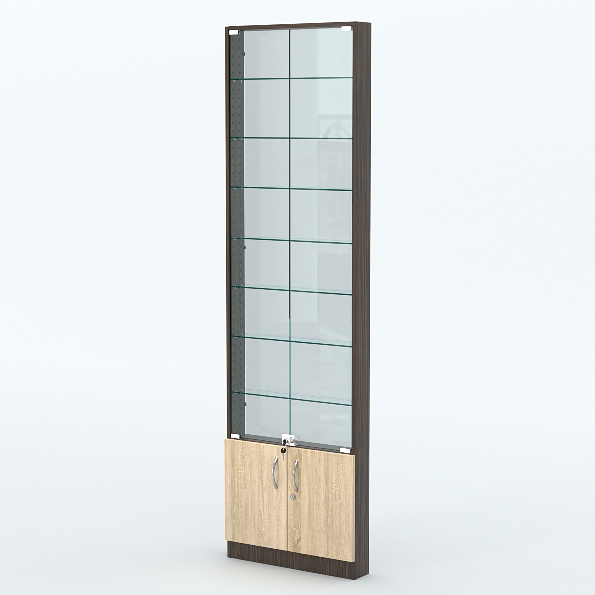 Торговая витрина с 8-ю стеклянными полками 100x600 мм серии NEXT-8 №1-1 (З/C - СТЕКЛО) Дуб Венге + Дуб Сонома