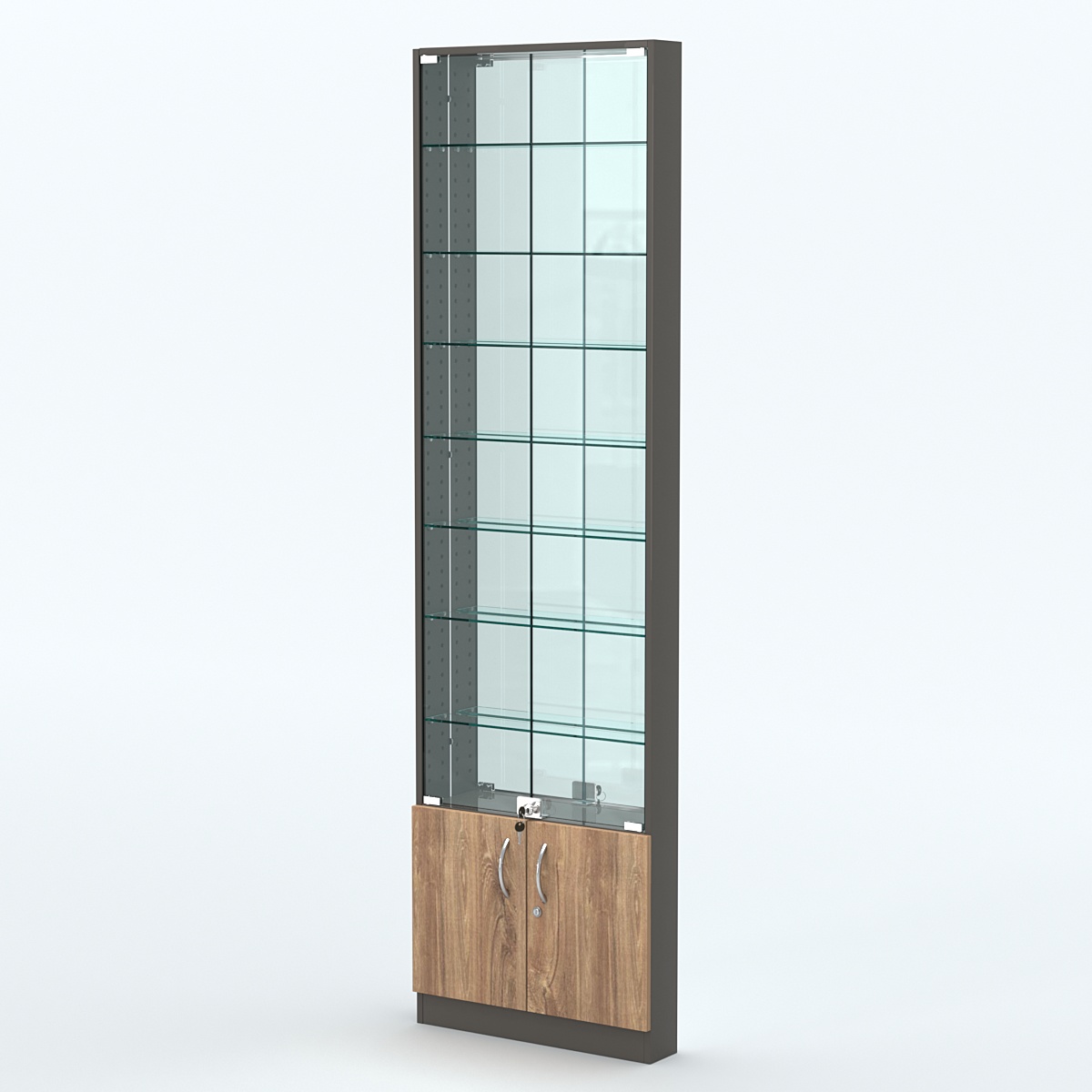 Торговая витрина с 8-ю стеклянными полками 100x600 мм серии NEXT-8 №1-2 (З/C - ЗЕРКАЛО) Черный + Дуб Канзас Коричневый