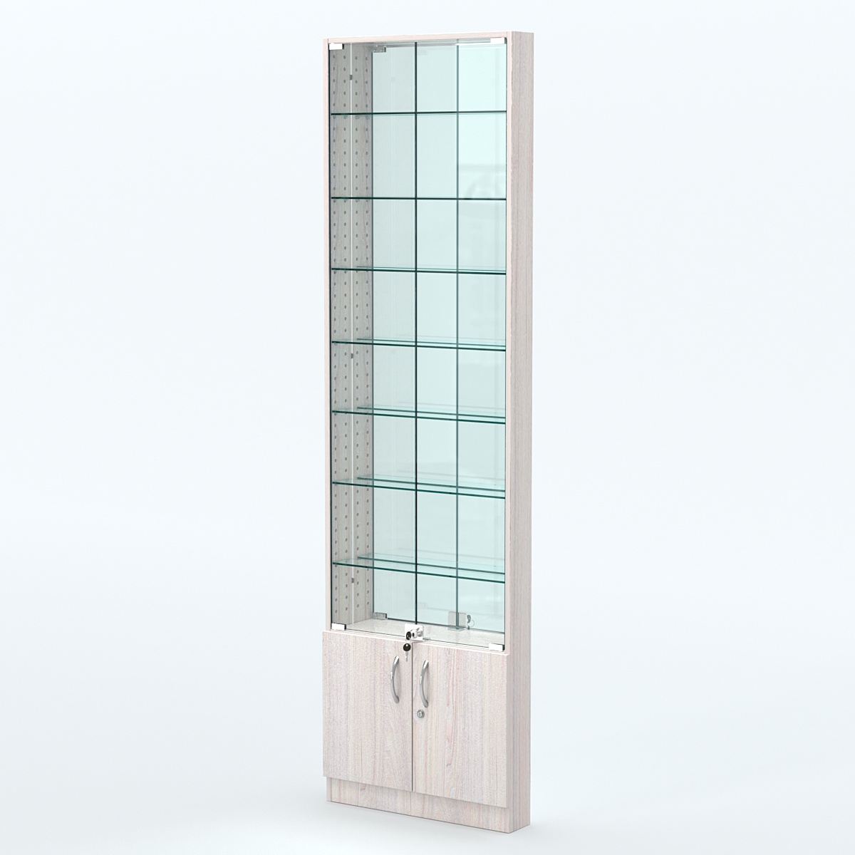 Торговая витрина с 8-ю стеклянными полками 100x600 мм серии NEXT-8 №1-2 (З/C - ЗЕРКАЛО) Ясень Анкор светлый