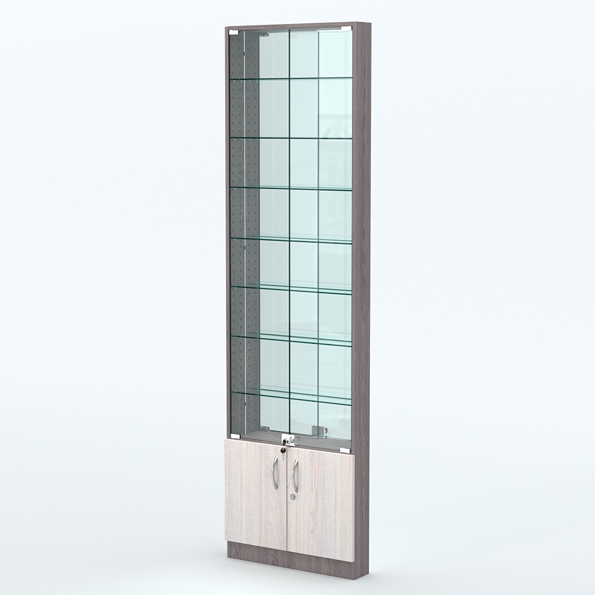 Торговая витрина с 8-ю стеклянными полками 100x600 мм серии NEXT-8 №1-2 (З/C - ЗЕРКАЛО) Ясень Анкор темный + Ясень Анкор светлый