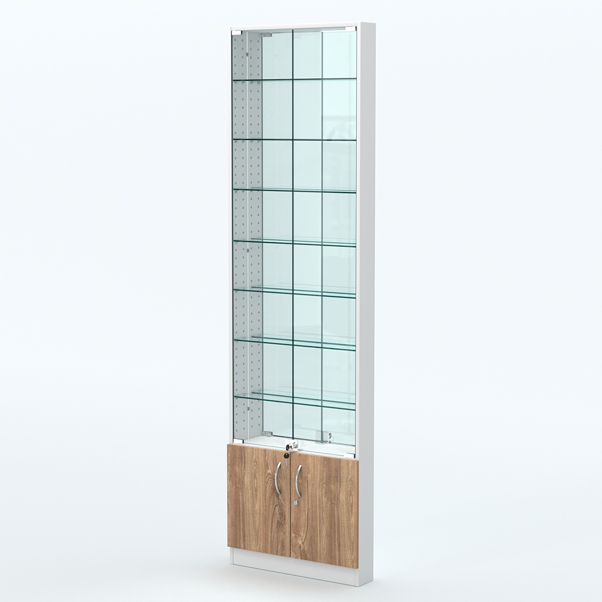 Торговая витрина с 8-ю стеклянными полками 100x600 мм серии NEXT-8 №1-2 (З/C - ЗЕРКАЛО) Белый + Дуб канзас коричневый