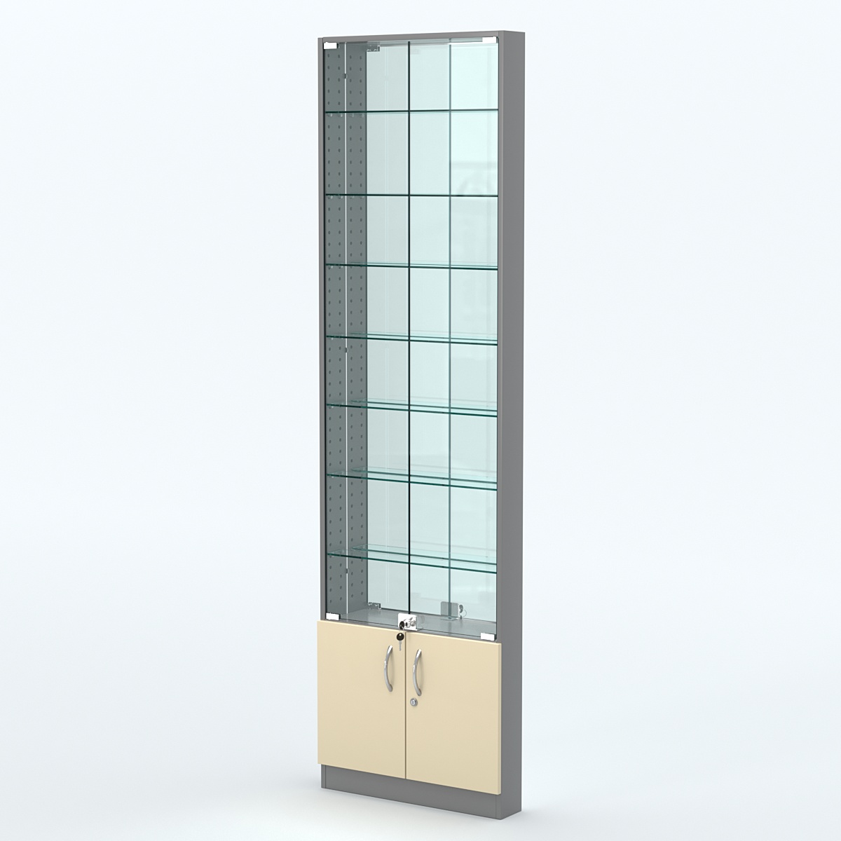 Торговая витрина с 8-ю стеклянными полками 100x600 мм серии NEXT-8 №1-2 (З/C - ЗЕРКАЛО) Темно-серый + Крем Вайс