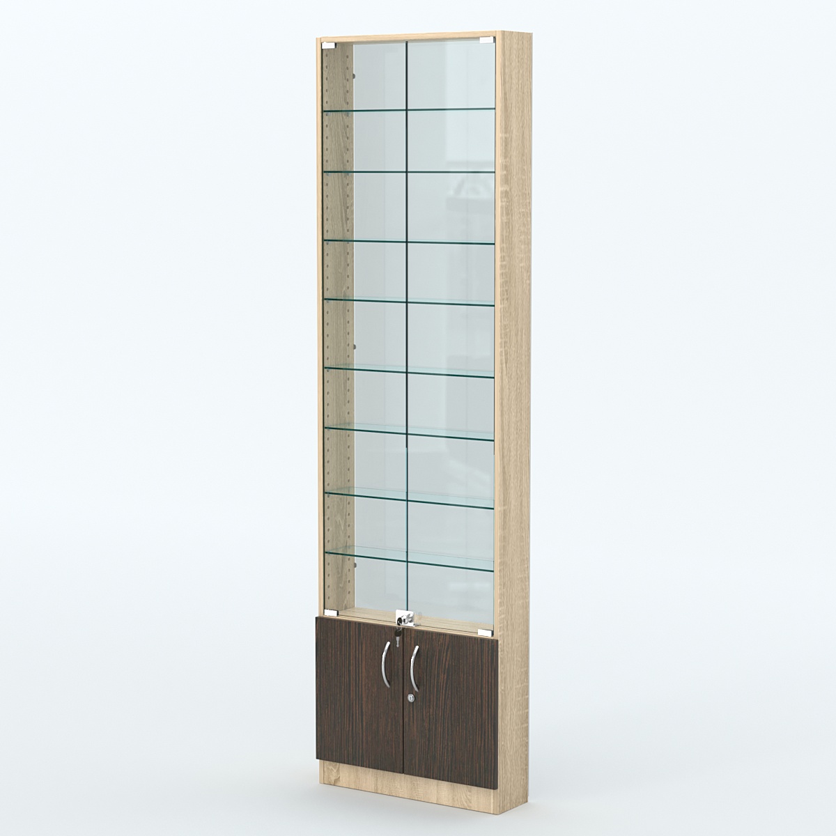 Торговая витрина с 8-ю стеклянными полками 150x600 мм серии NEXT-8 №2-1 (З/C - СТЕКЛО) Дуб Сонома + Дуб Венге