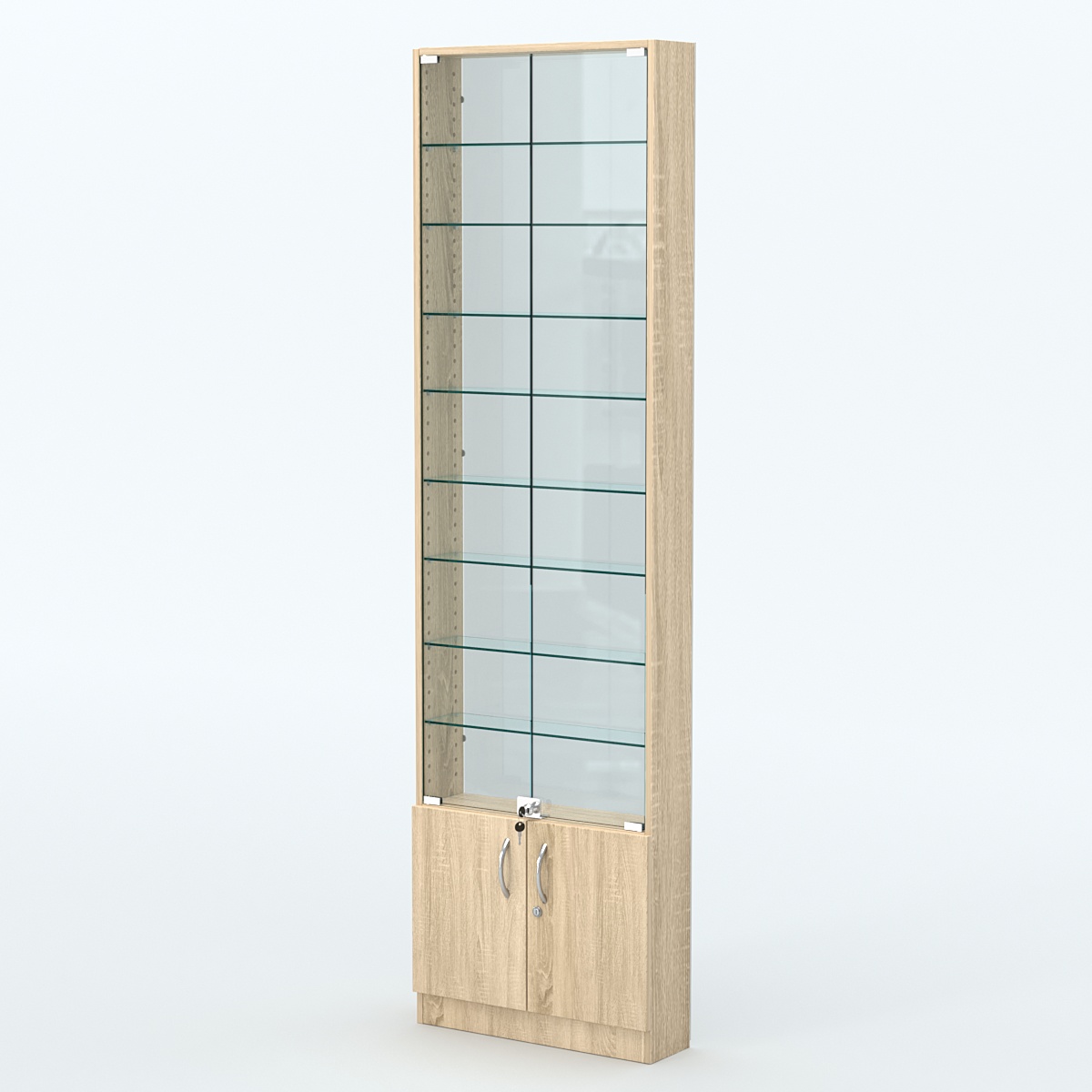 Торговая витрина с 8-ю стеклянными полками 150x600 мм серии NEXT-8 №2-1 (З/C - СТЕКЛО) Дуб сонома