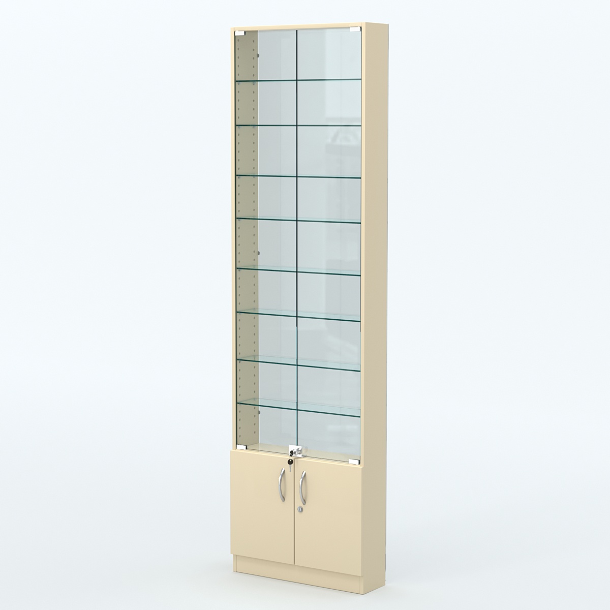 Торговая витрина с 8-ю стеклянными полками 150x600 мм серии NEXT-8 №2-1 (З/C - СТЕКЛО) Крем Вайс