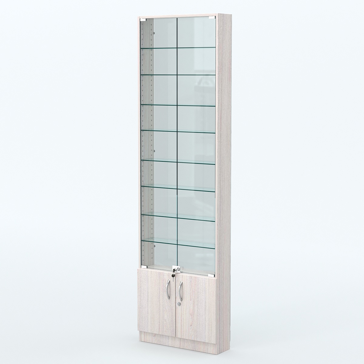 Торговая витрина с 8-ю стеклянными полками 150x600 мм серии NEXT-8 №2-1 (З/C - СТЕКЛО) Ясень Анкор светлый
