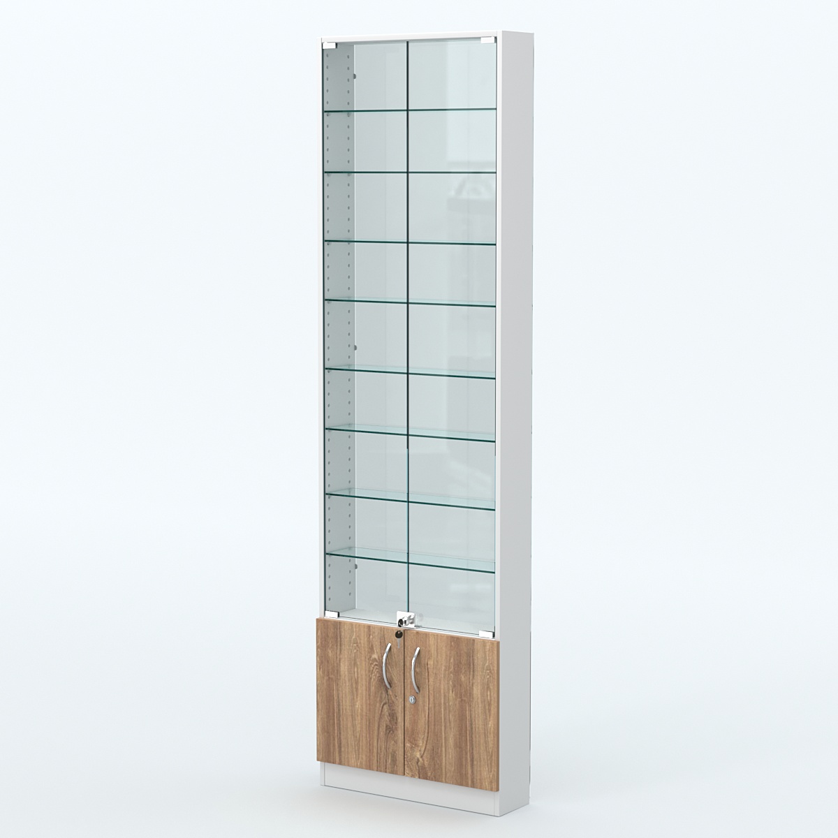 Торговая витрина с 8-ю стеклянными полками 150x600 мм серии NEXT-8 №2-1 (З/C - СТЕКЛО) Белый + Дуб канзас коричневый