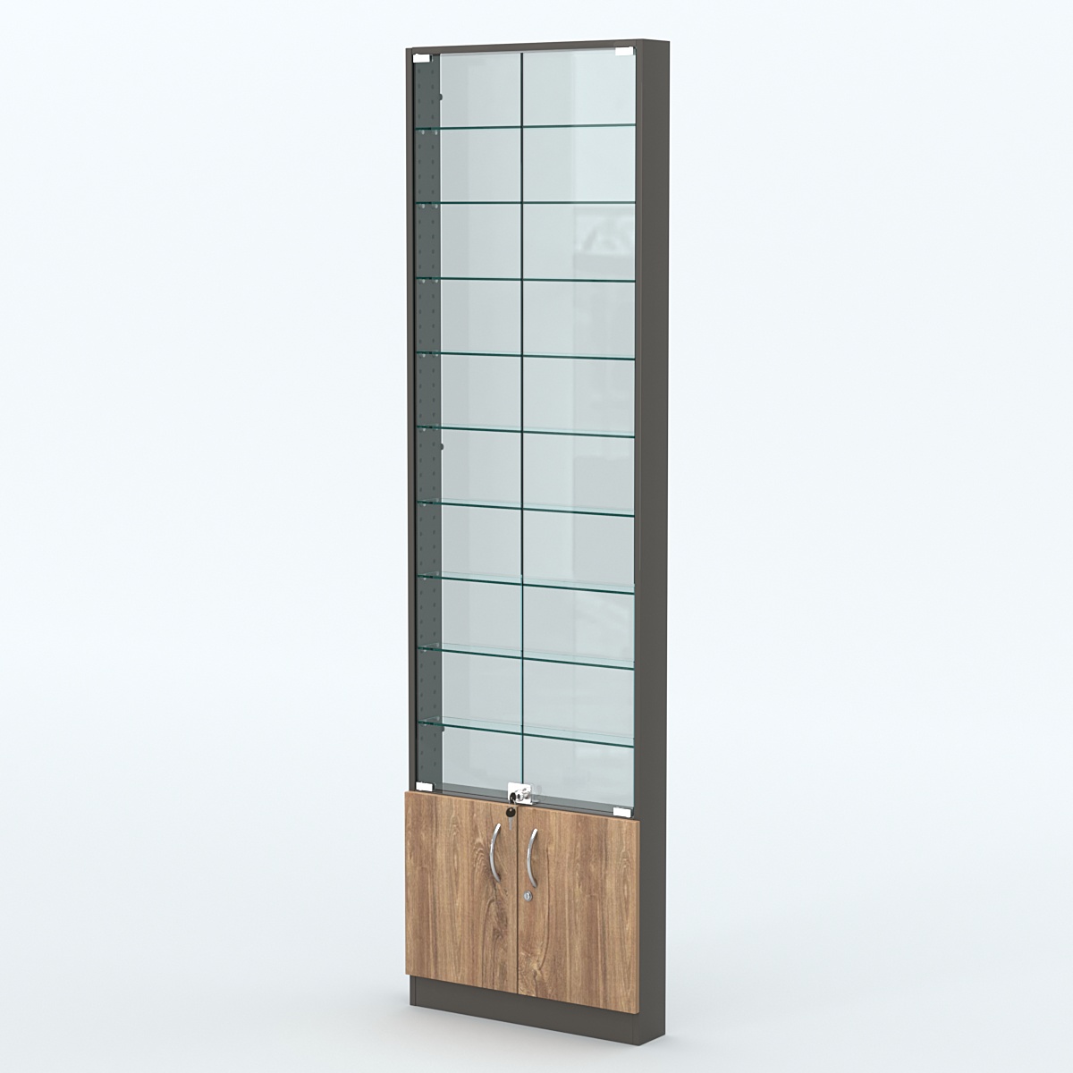 Торговая витрина с 9-ю стеклянными полками 100x600 мм серии NEXT-9 №1-1 (З/C - СТЕКЛО) Черный + Дуб Канзас Коричневый