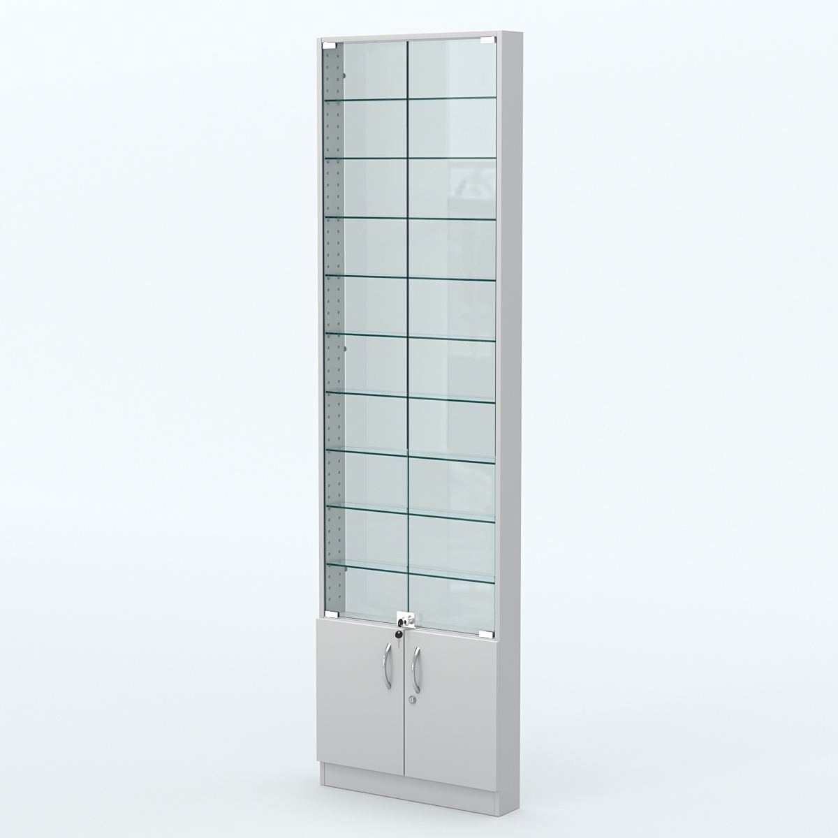 Торговая витрина с 9-ю стеклянными полками 100x600 мм серии NEXT-9 №1-1 (З/C - СТЕКЛО) Серый