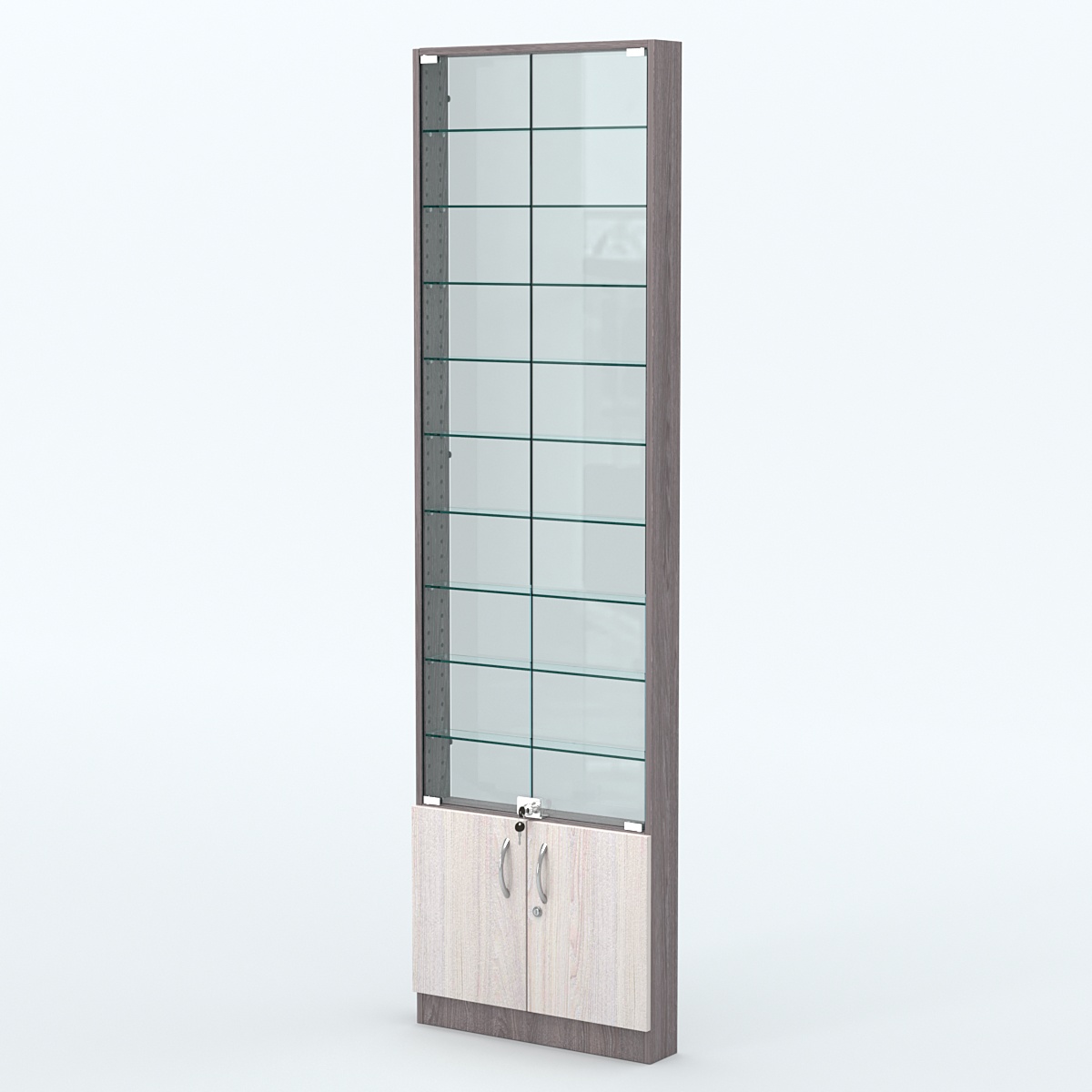 Торговая витрина с 9-ю стеклянными полками 100x600 мм серии NEXT-9 №1-1 (З/C - СТЕКЛО) Ясень Анкор темный + Ясень Анкор светлый