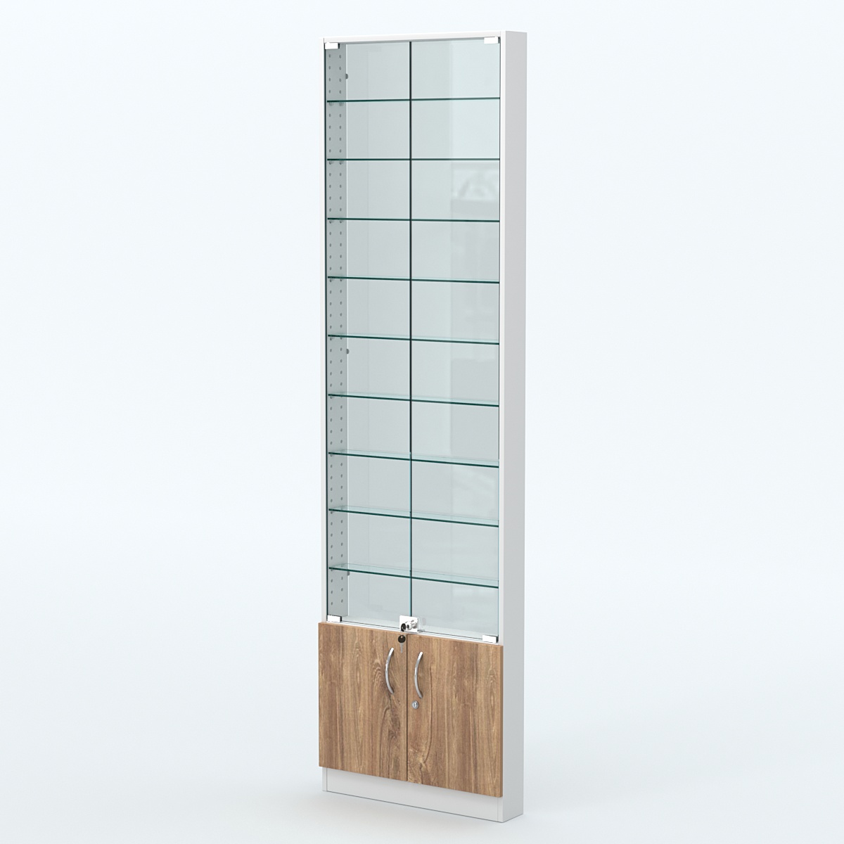 Торговая витрина с 9-ю стеклянными полками 100x600 мм серии NEXT-9 №1-1 (З/C - СТЕКЛО) Белый + Дуб канзас коричневый