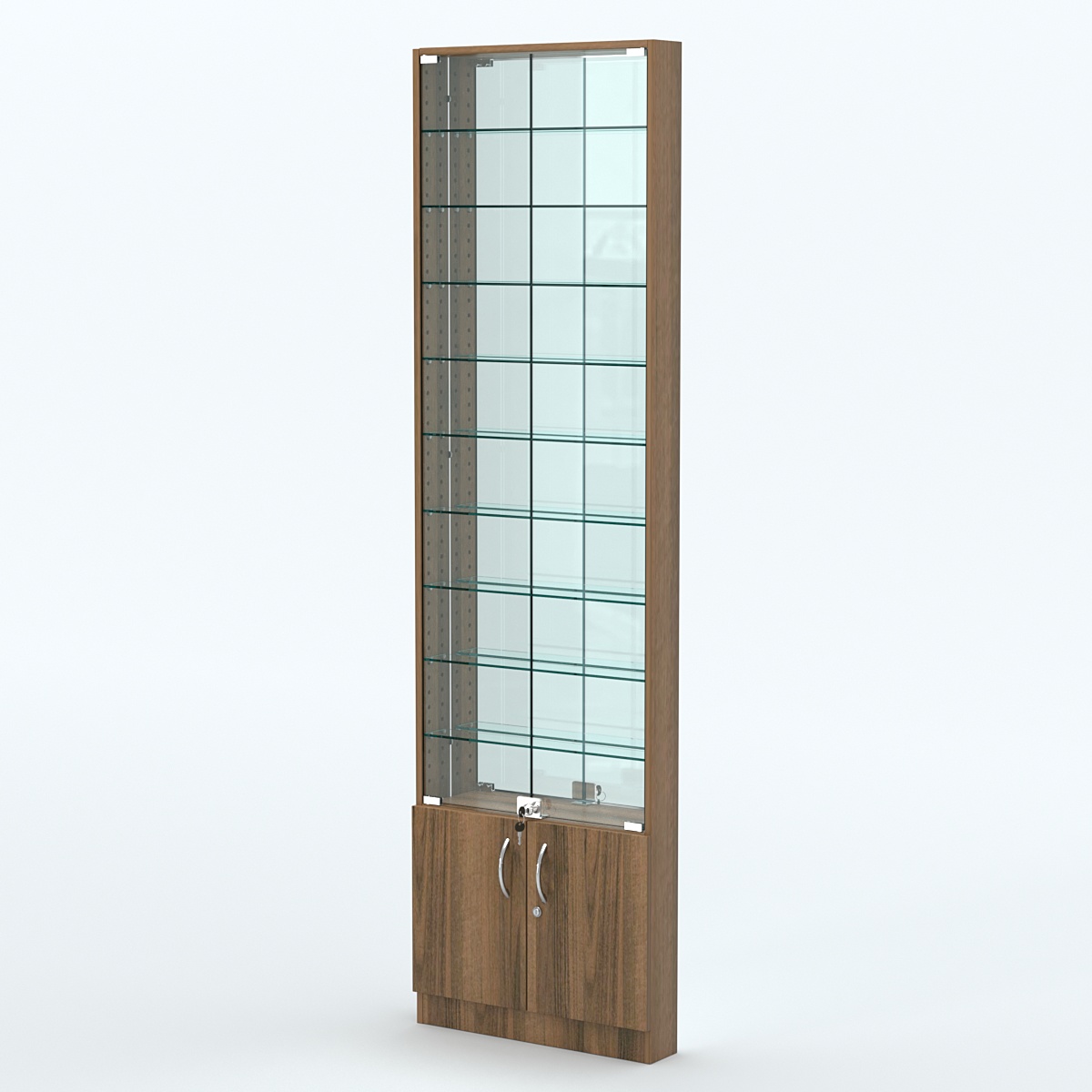 Торговая витрина с 9-ю стеклянными полками 100x600 мм серии NEXT-9 №1-2 (З/C - ЗЕРКАЛО) Орех