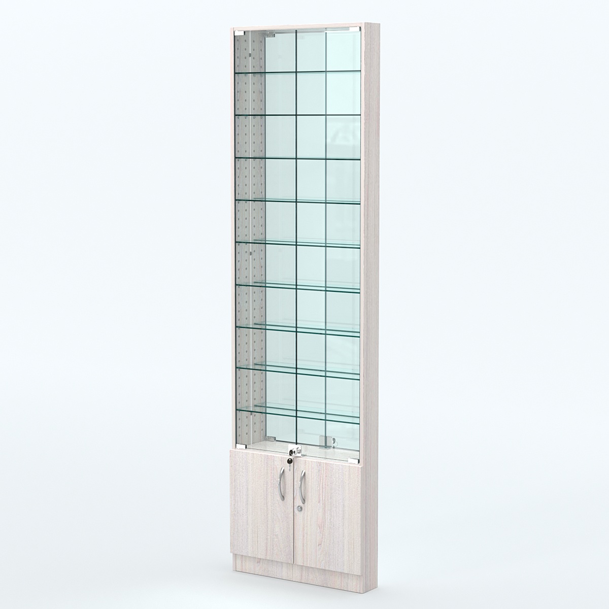 Торговая витрина с 9-ю стеклянными полками 100x600 мм серии NEXT-9 №1-2 (З/C - ЗЕРКАЛО) Ясень Анкор светлый