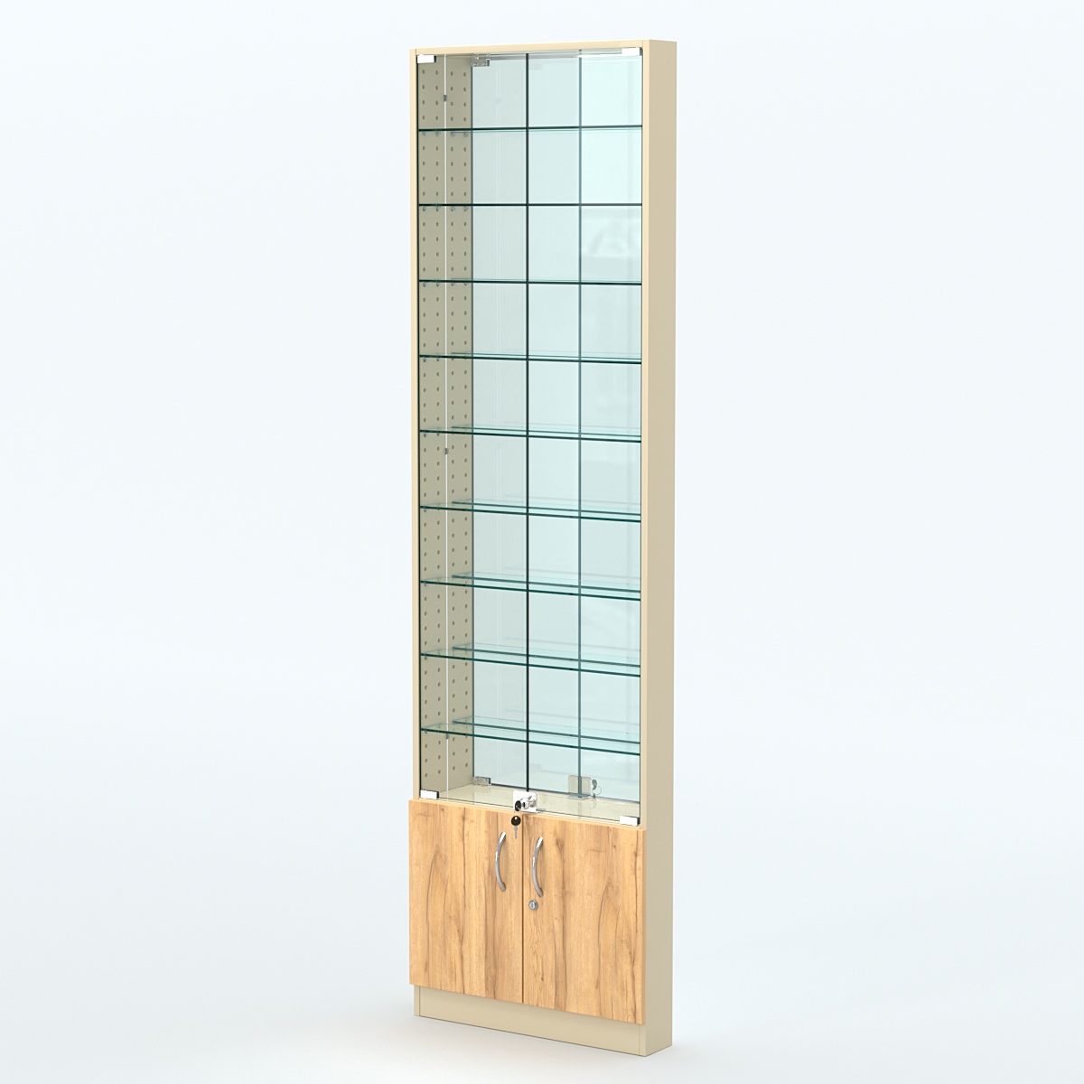 Торговая витрина с 9-ю стеклянными полками 100x600 мм серии NEXT-9 №1-2 (З/C - ЗЕРКАЛО) Крем Вайс и Дуб Золотистый