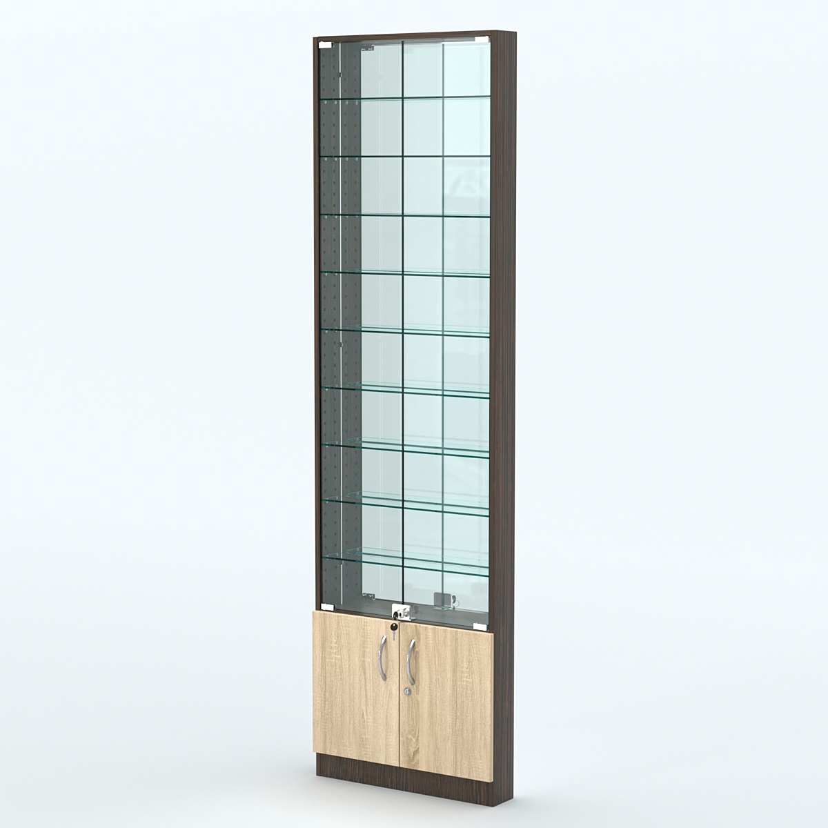 Торговая витрина с 9-ю стеклянными полками 100x600 мм серии NEXT-9 №1-2 (З/C - ЗЕРКАЛО) Дуб Венге + Дуб Сонома