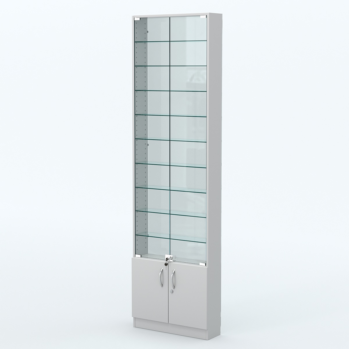 Торговая витрина с 9-ю стеклянными полками 150x600 мм серии NEXT-9 №2-1 (З/C - СТЕКЛО) Серый